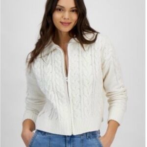 Hippie Rose Junior’s White Chenille Cable Knit Zip up Sweater